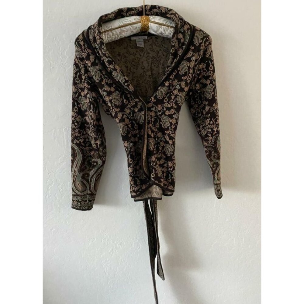 TSD Two Star Dog XS Brown Shawl Floral Belted Knit Cardigan Sweater Lightweight